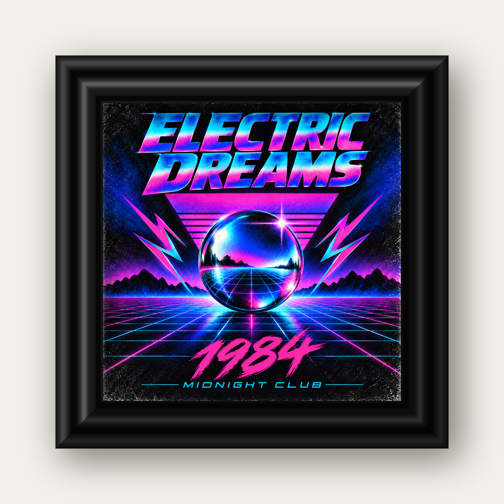 Retro Fütüristik Synthwave Afişi – Electric Dreams 1984 — siyah galeri çerçeveli