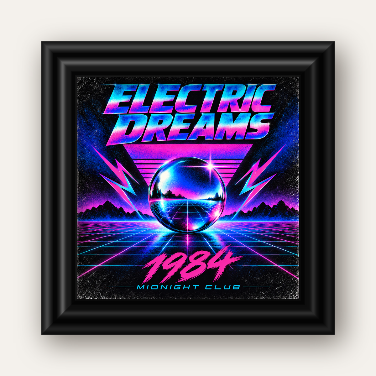 Retro Fütüristik Synthwave Afişi – Electric Dreams 1984 — siyah galeri çerçeveli