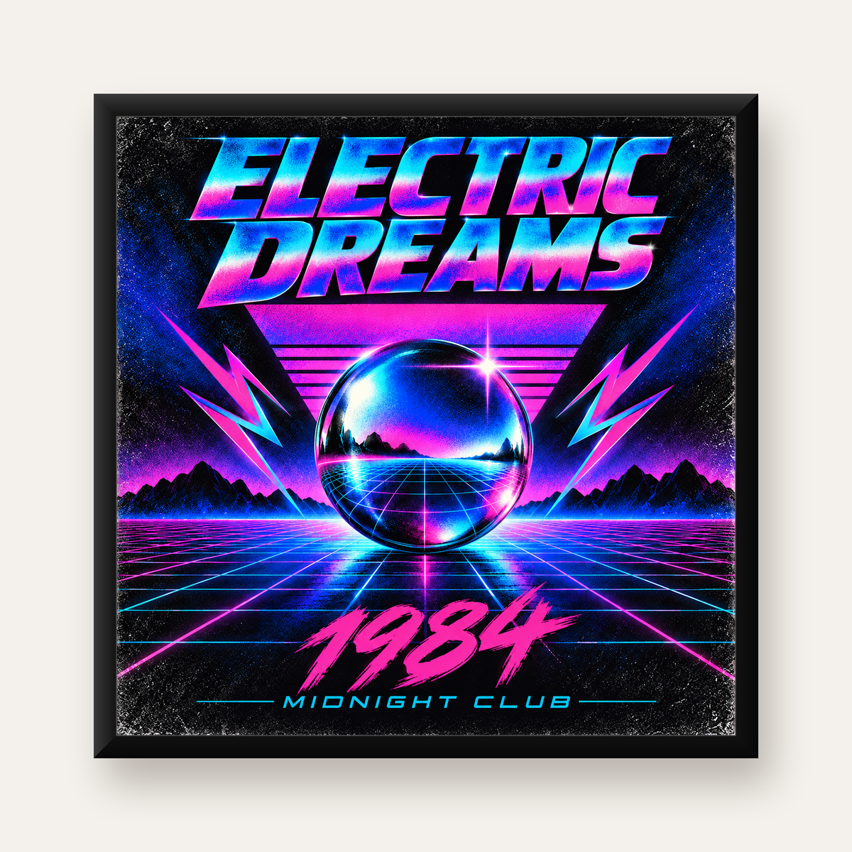 Retro Fütüristik Synthwave Afişi – Electric Dreams 1984 — Kare baskı, düz siyah çerçeveli duvar posteri