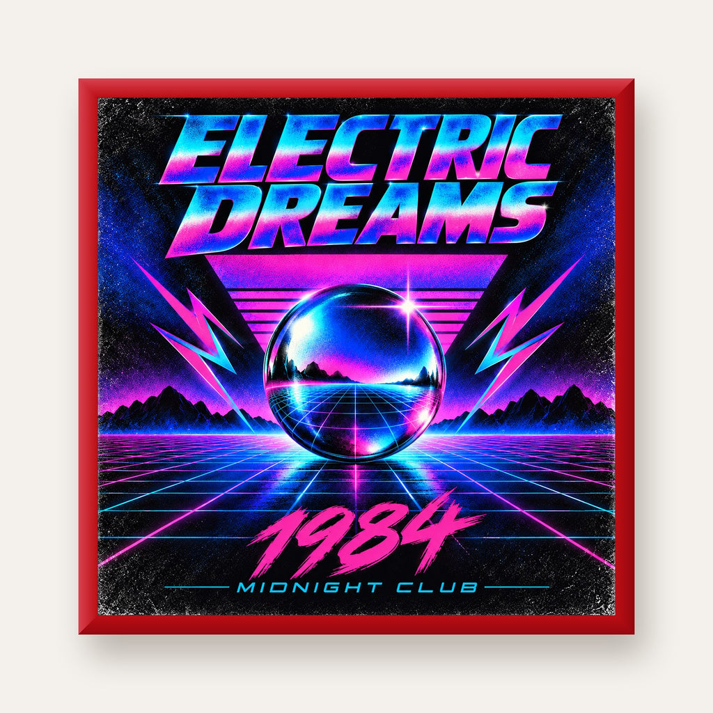 Retro Fütüristik Synthwave Afişi – Electric Dreams 1984 — kırmızı çerçeveli