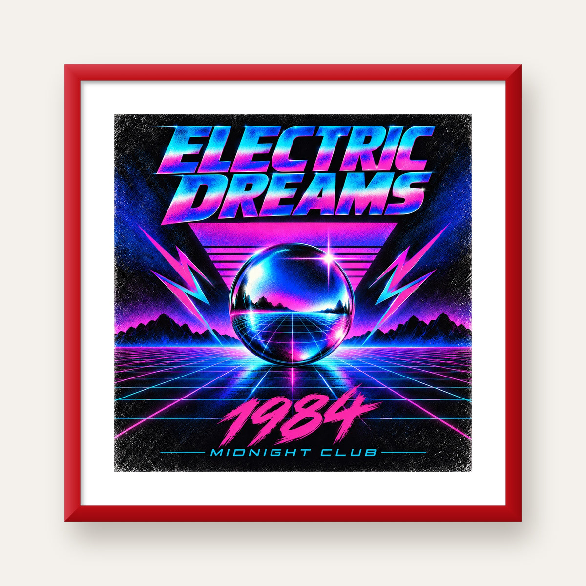 Retro Fütüristik Synthwave Afişi – Electric Dreams 1984 — kırmızı çerçeveli paspartulu