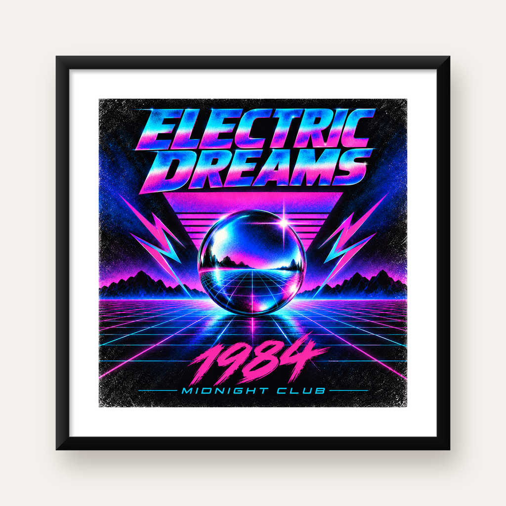 Retro Fütüristik Synthwave Afişi – Electric Dreams 1984 — Kare baskı, beyaz paspartulu