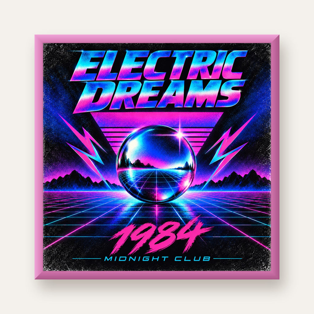 Retro Fütüristik Synthwave Afişi – Electric Dreams 1984 — pembe çerçeveli