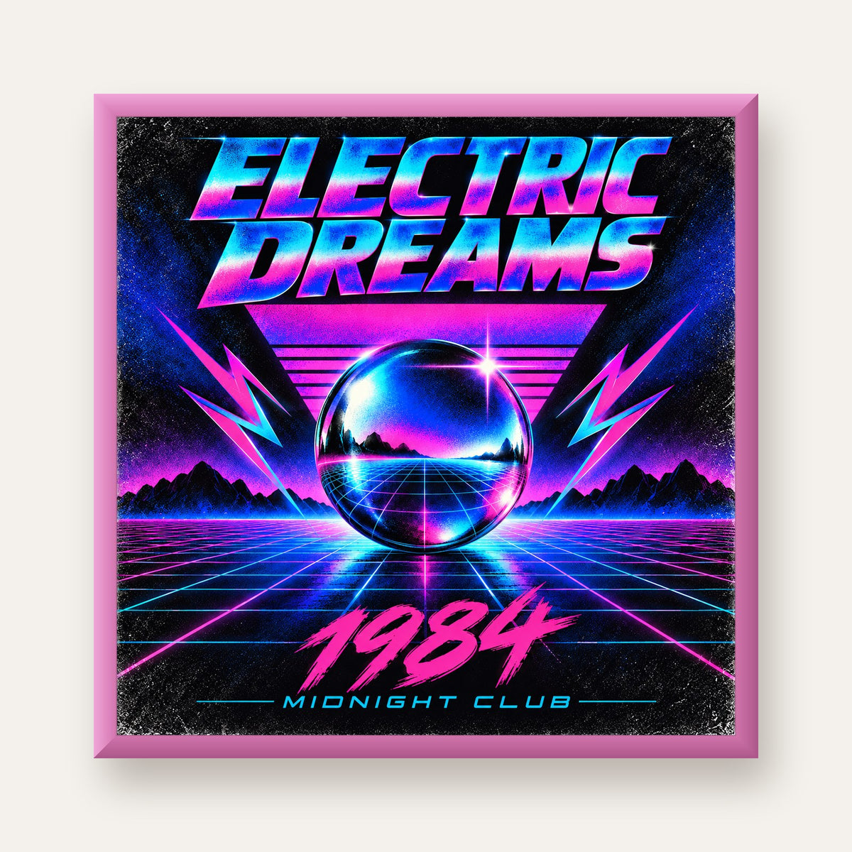 Retro Fütüristik Synthwave Afişi – Electric Dreams 1984 — pembe çerçeveli