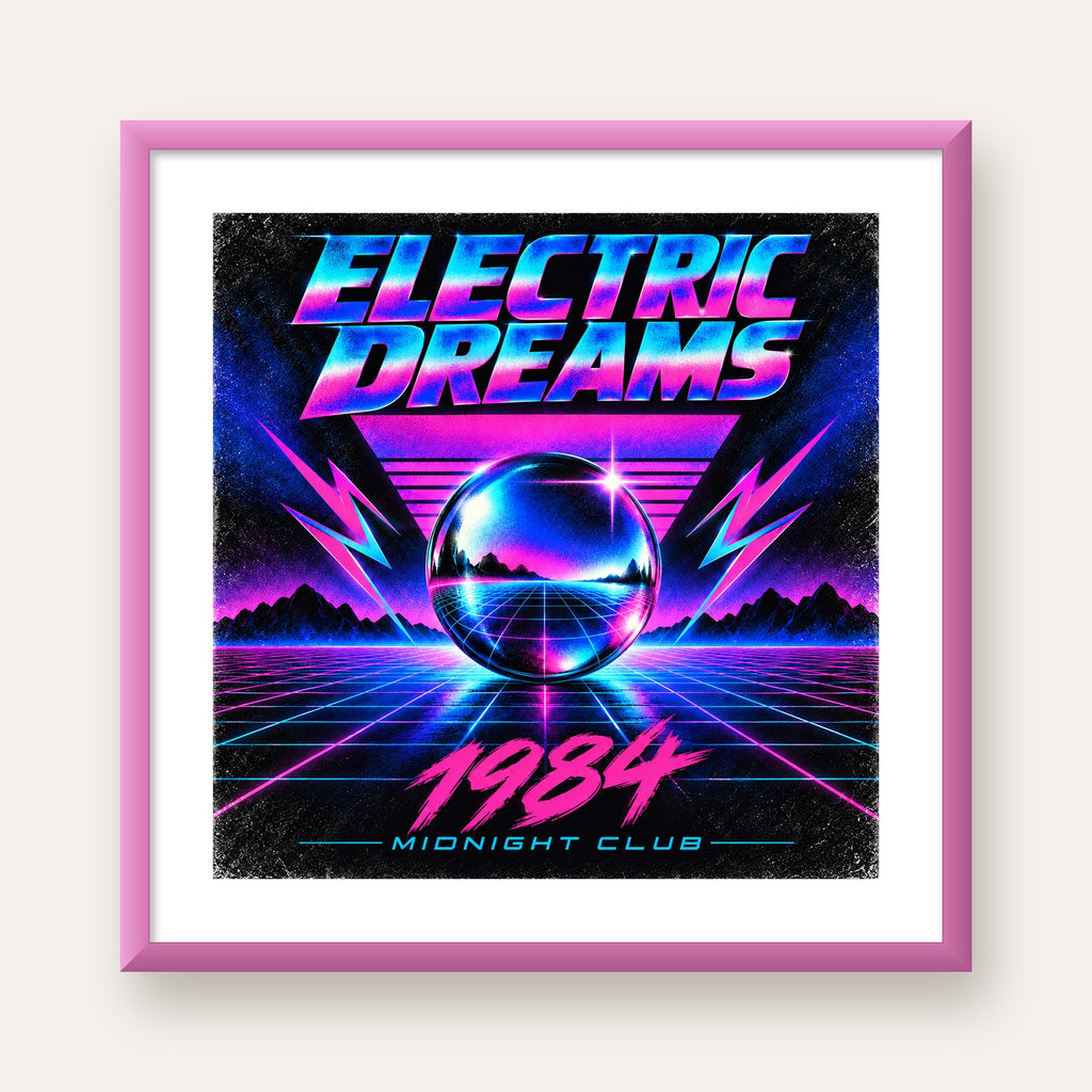 Retro Fütüristik Synthwave Afişi – Electric Dreams 1984 — pembe çerçeveli paspartulu