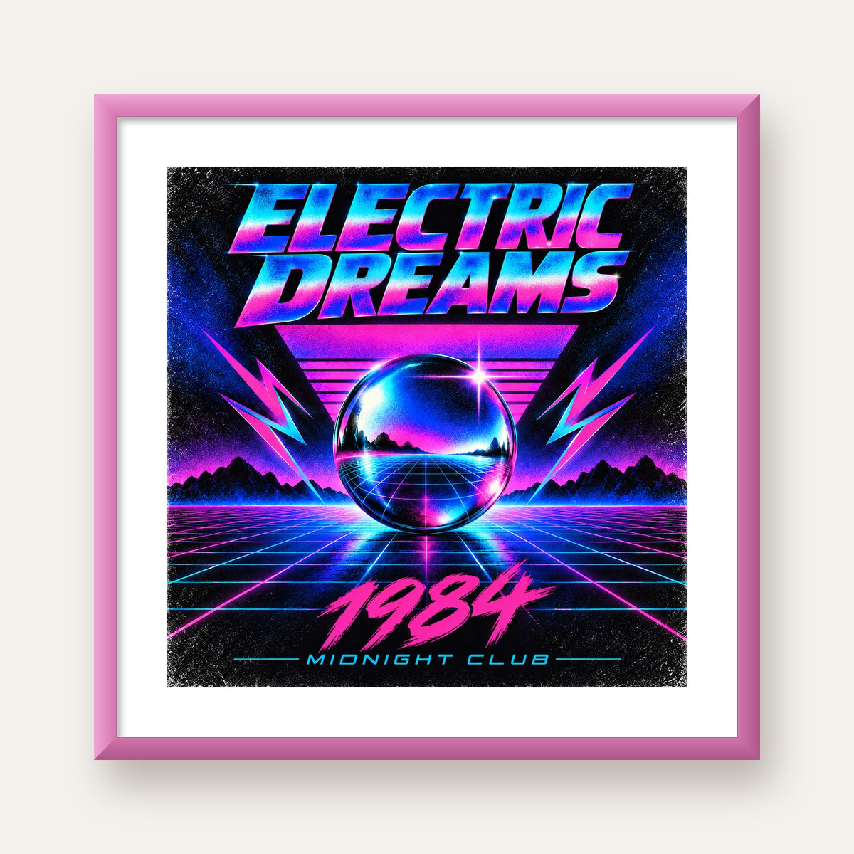 Retro Fütüristik Synthwave Afişi – Electric Dreams 1984 — pembe çerçeveli paspartulu