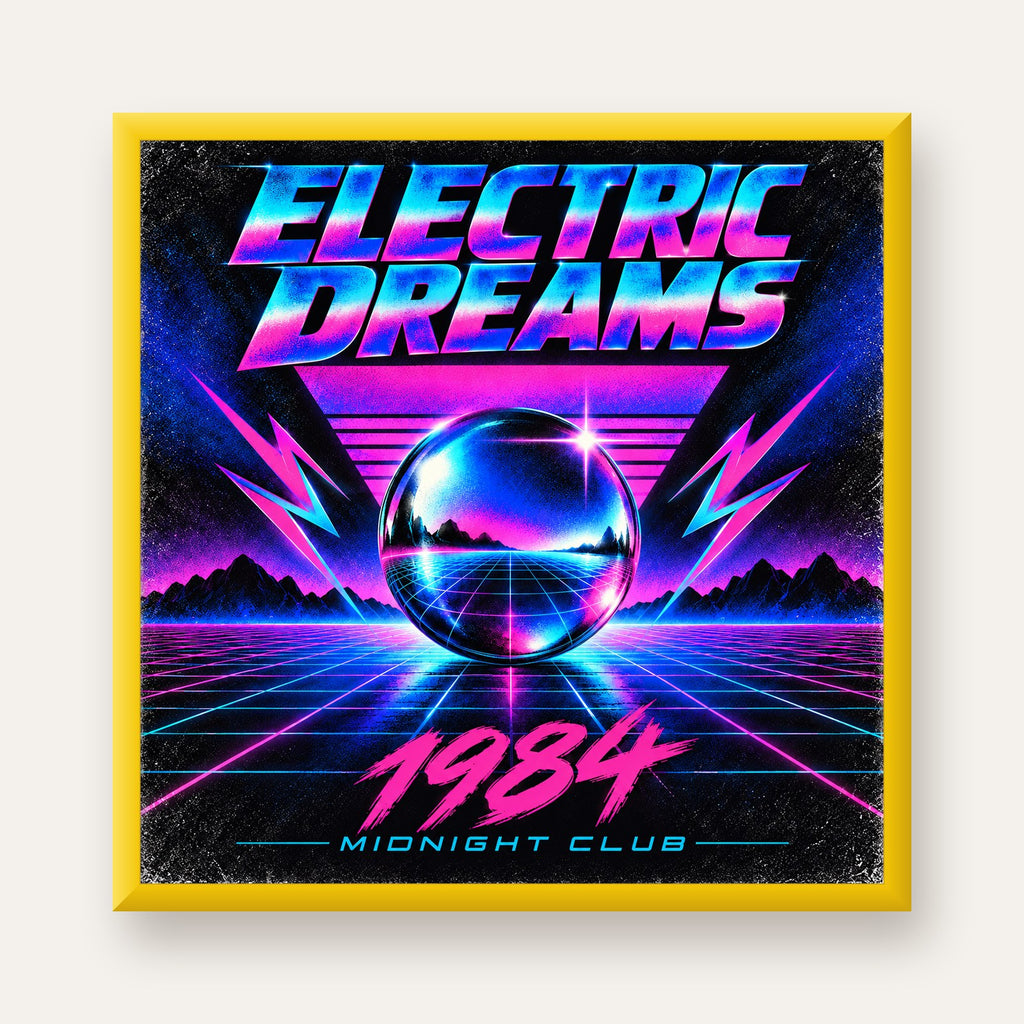 Retro Fütüristik Synthwave Afişi – Electric Dreams 1984 — sarı çerçeveli
