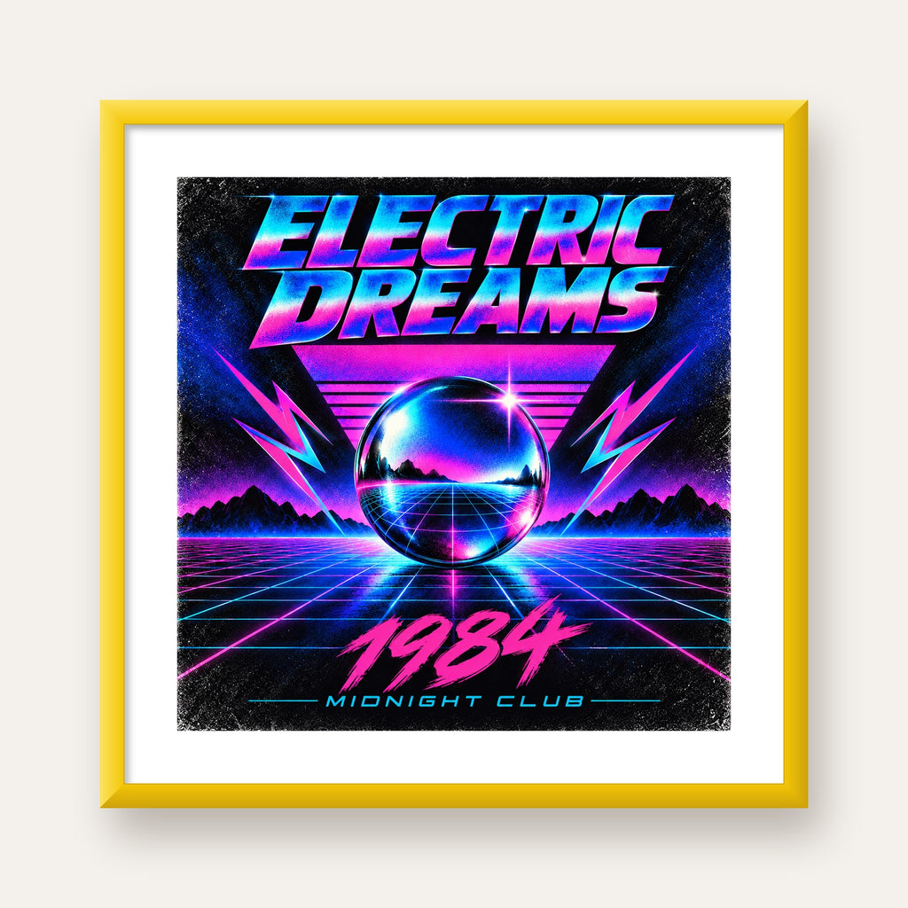 Retro Fütüristik Synthwave Afişi – Electric Dreams 1984 — sarı çerçeveli paspartulu
