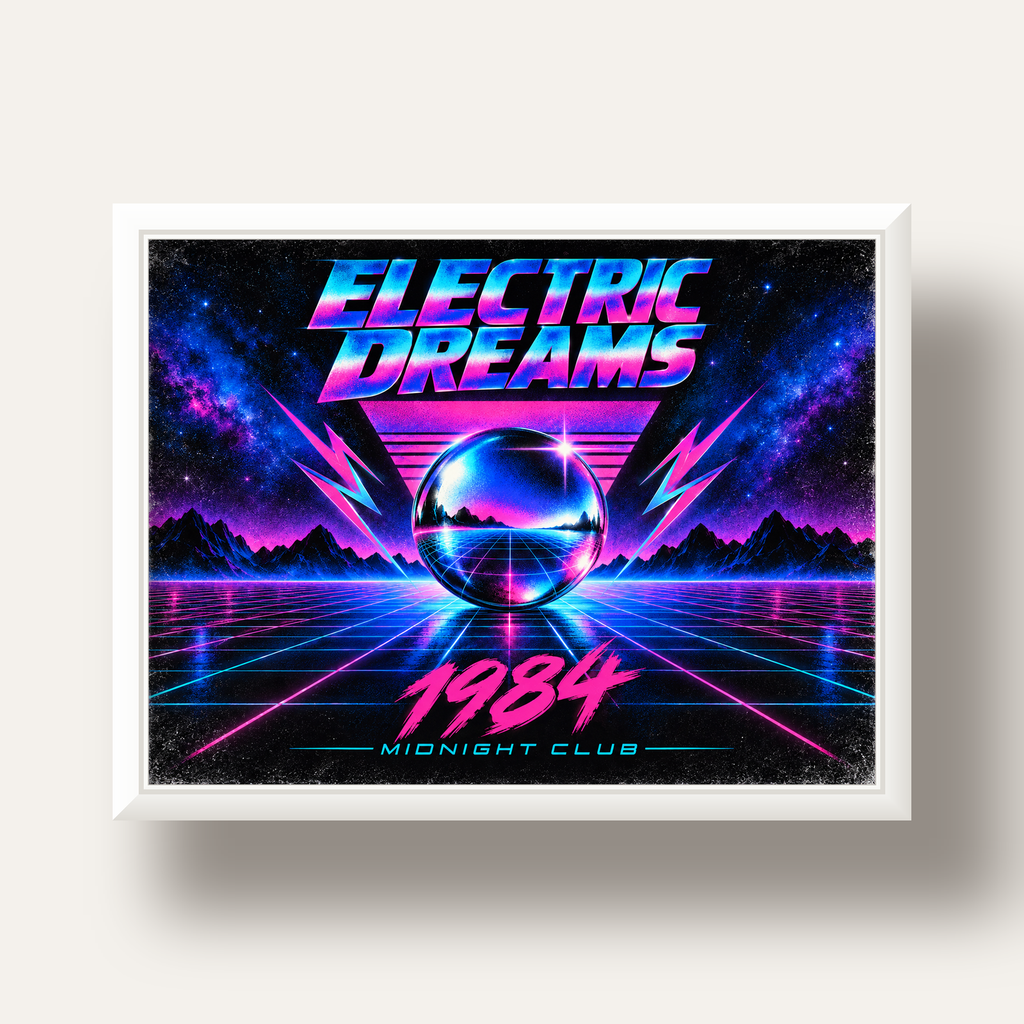 Retro Fütüristik Synthwave Afişi – Electric Dreams 1984 — beyaz derin çerçeveli