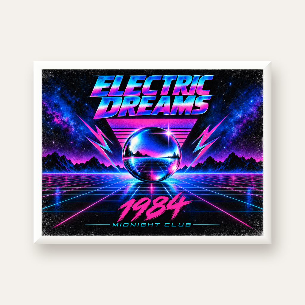 Retro Fütüristik Synthwave Afişi – Electric Dreams 1984 — beyaz çerçeveli yatay poster