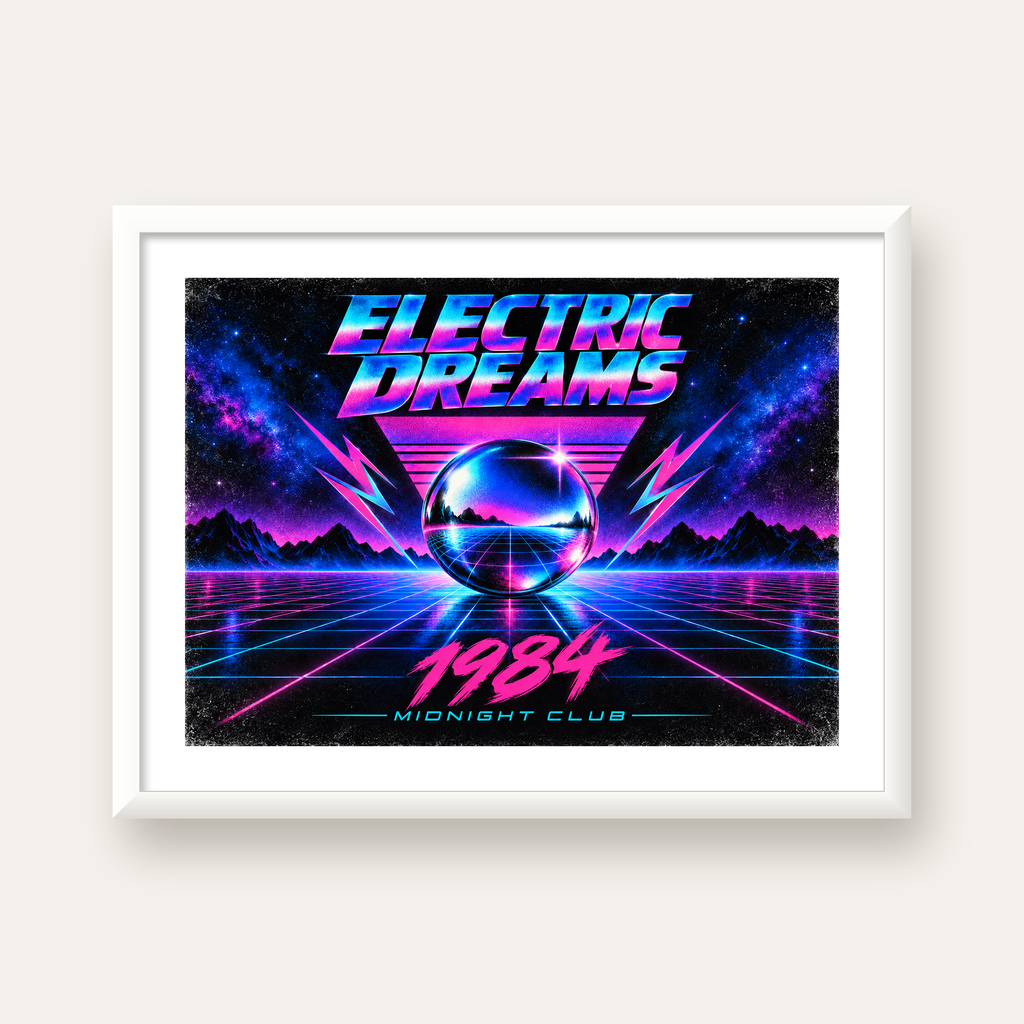 Retro Fütüristik Synthwave Afişi – Electric Dreams 1984 — beyaz çerçeveli yatay poster