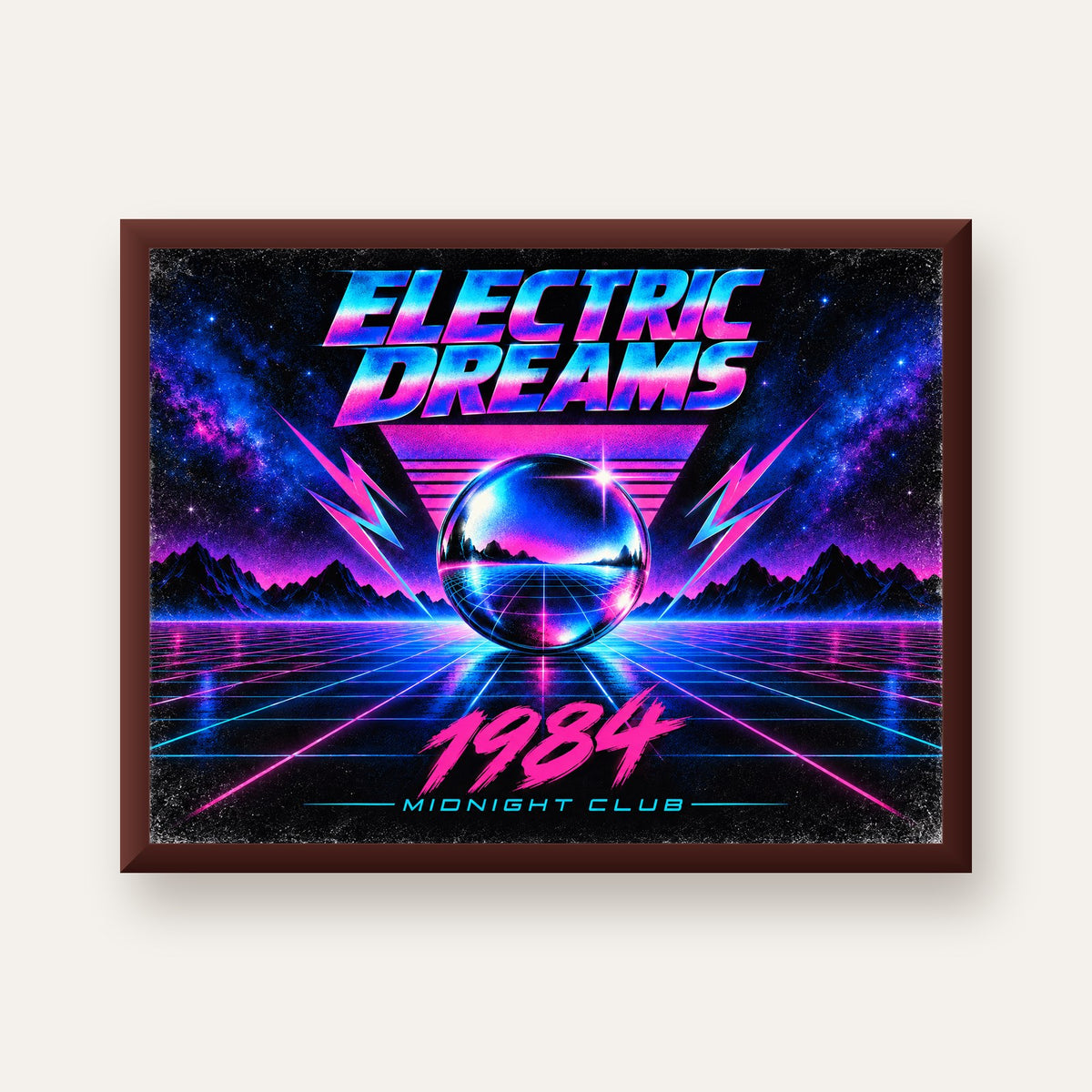 Retro Fütüristik Synthwave Afişi – Electric Dreams 1984 — ceviz çerçeveli