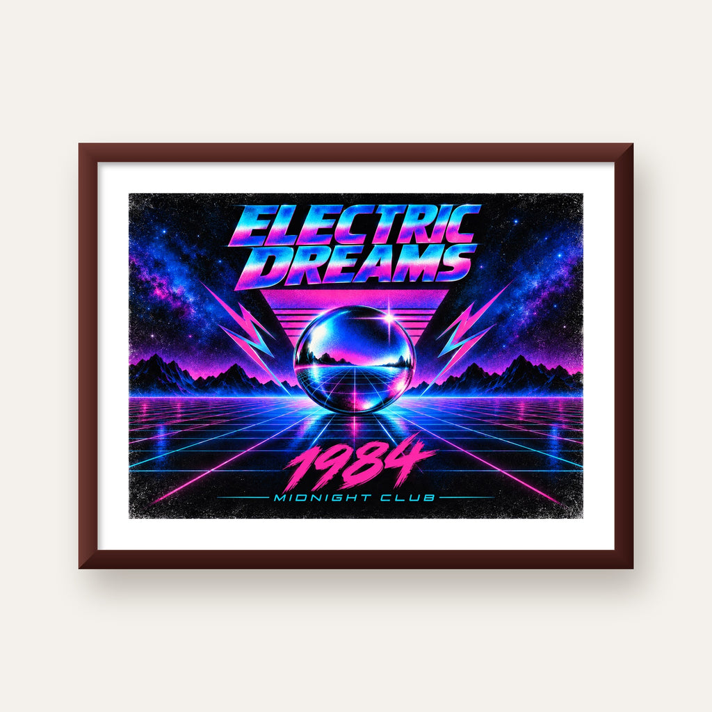 Retro Fütüristik Synthwave Afişi – Electric Dreams 1984 — ceviz çerçeveli paspartulu