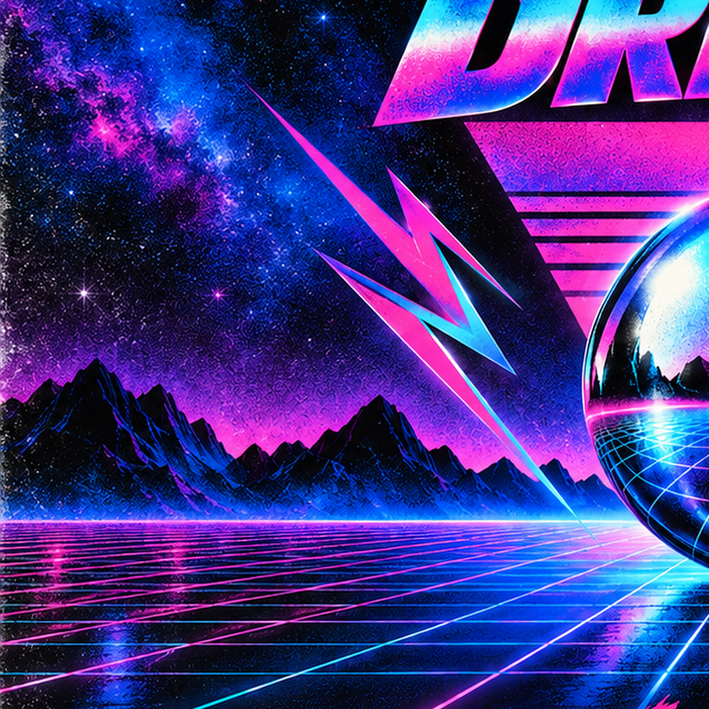 Retro Fütüristik Synthwave Afişi – Electric Dreams 1984 — baskının yakın çekimi, kâğıt dokusu ve renk detayı