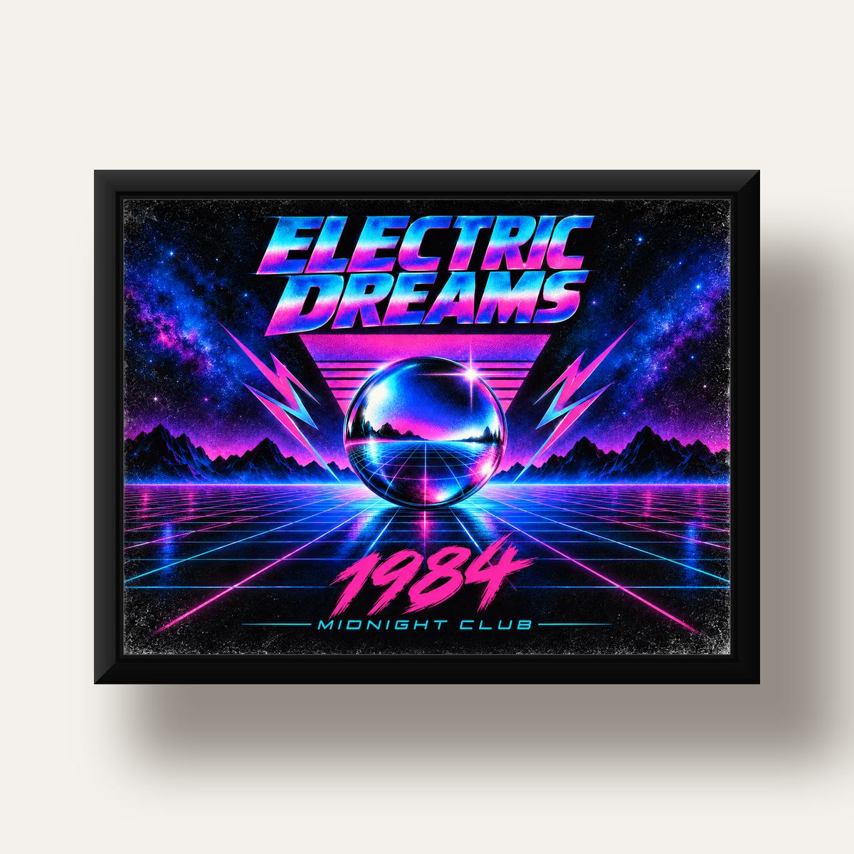 Retro Fütüristik Synthwave Afişi – Electric Dreams 1984 — siyah derin çerçeveli