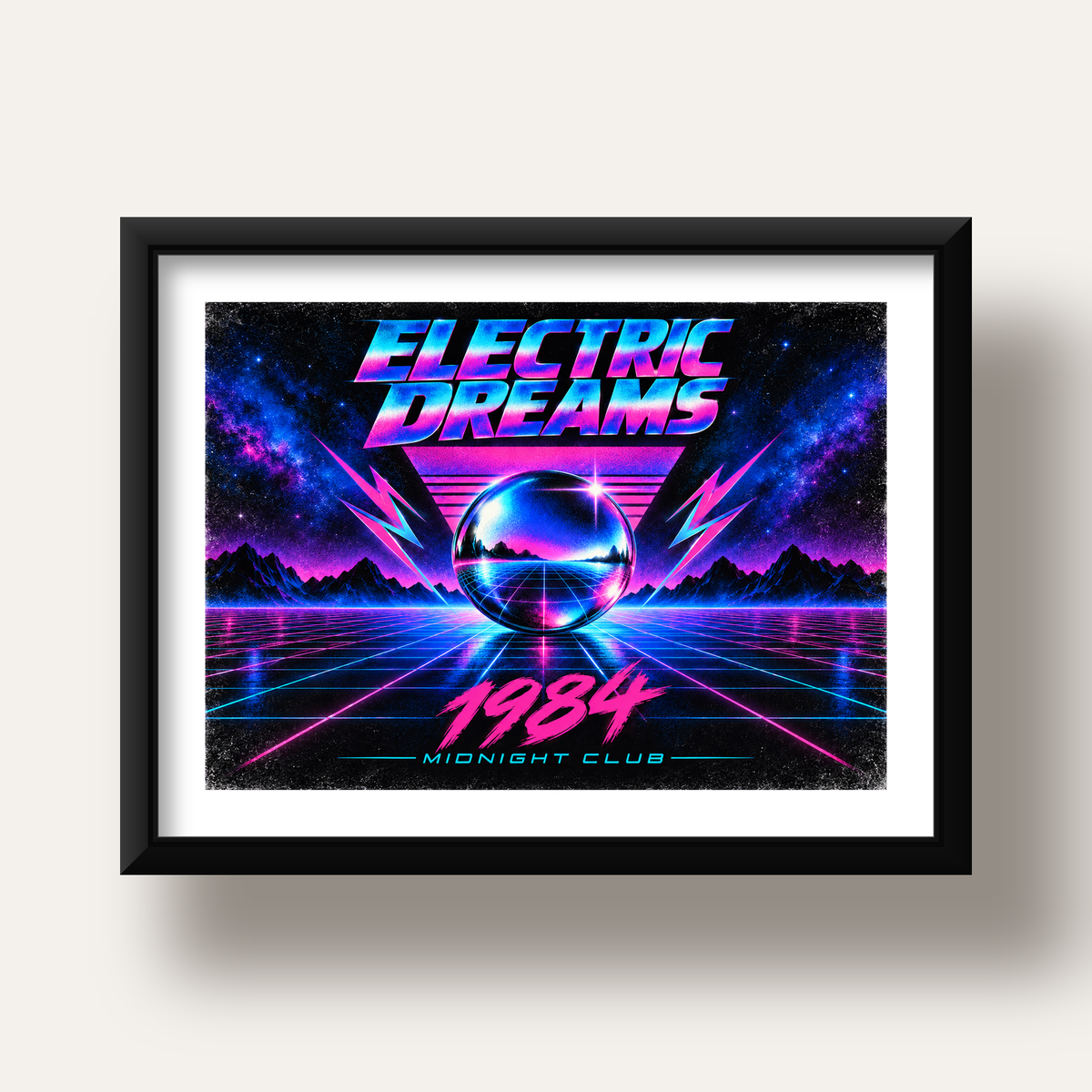 Retro Fütüristik Synthwave Afişi – Electric Dreams 1984 — siyah derin çerçeveli paspartulu