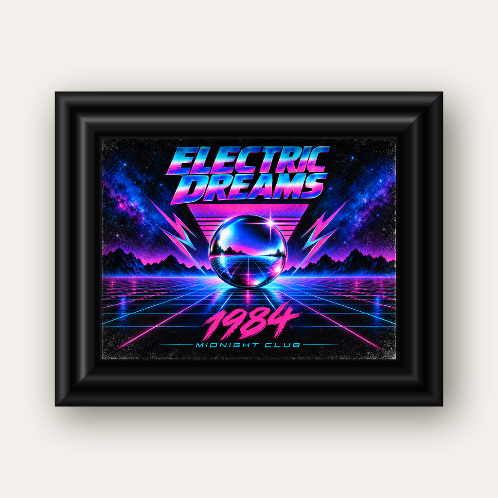 Retro Fütüristik Synthwave Afişi – Electric Dreams 1984 — siyah galeri çerçeveli