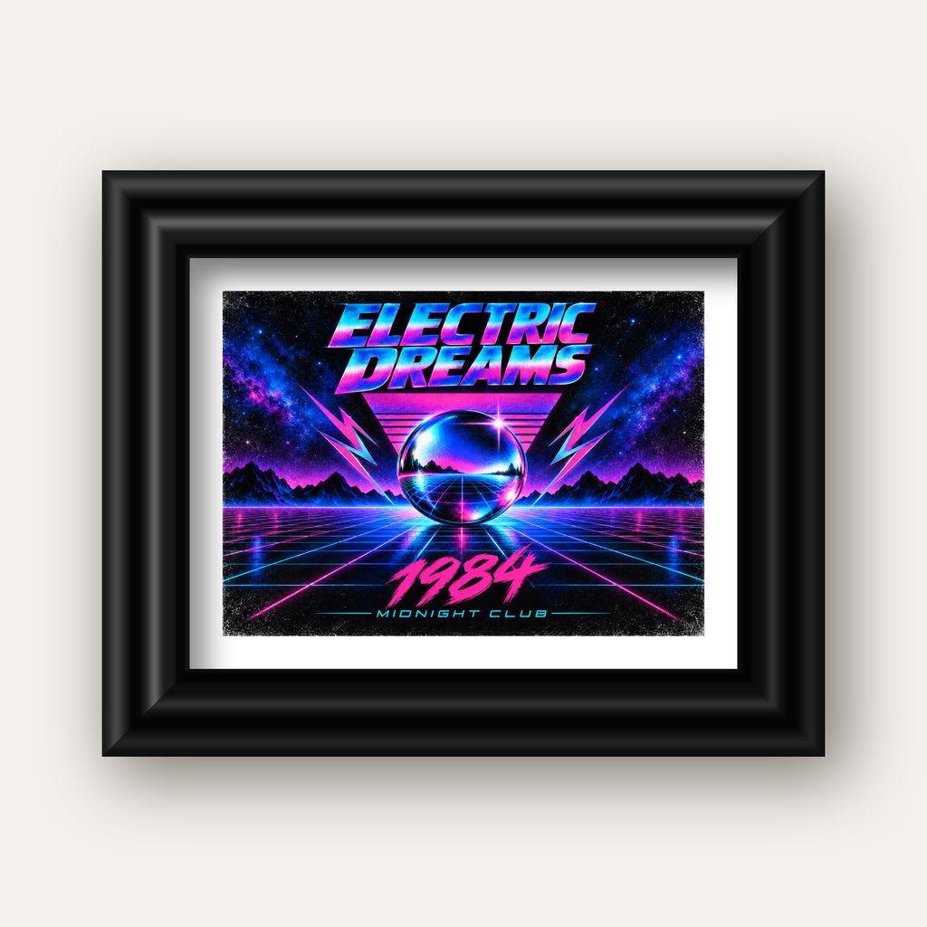 Retro Fütüristik Synthwave Afişi – Electric Dreams 1984 — siyah galeri çerçeveli paspartulu