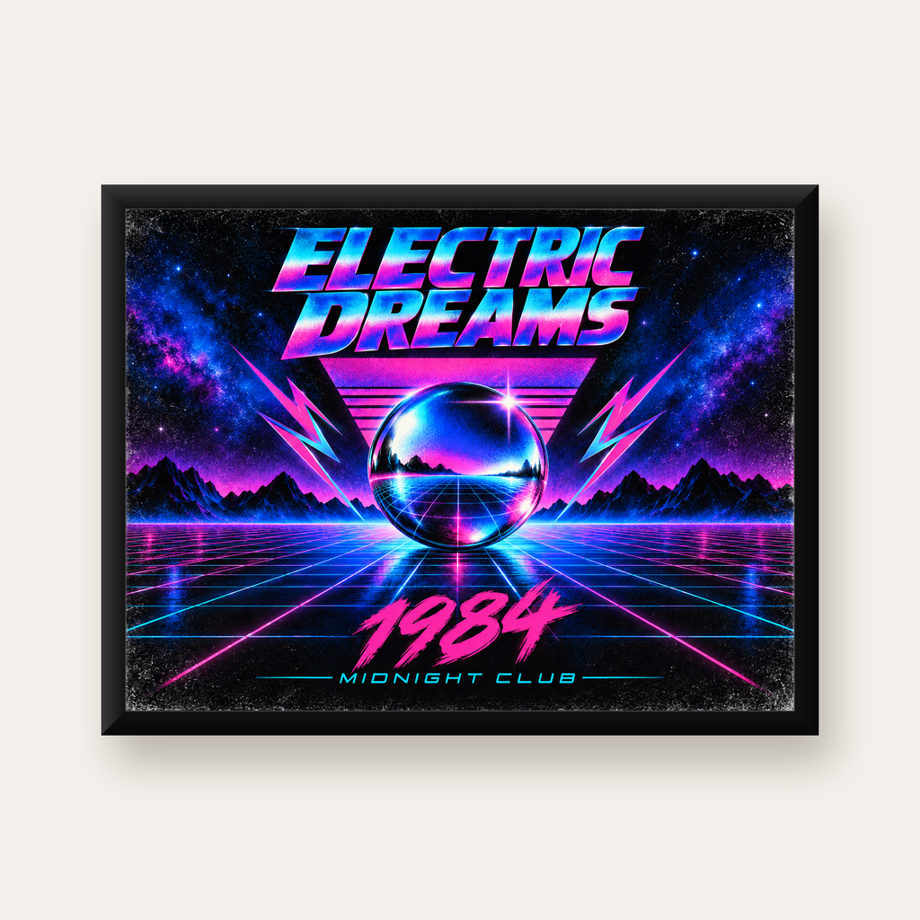 Retro Fütüristik Synthwave Afişi – Electric Dreams 1984 — Yatay baskı, düz siyah çerçeveli duvar posteri