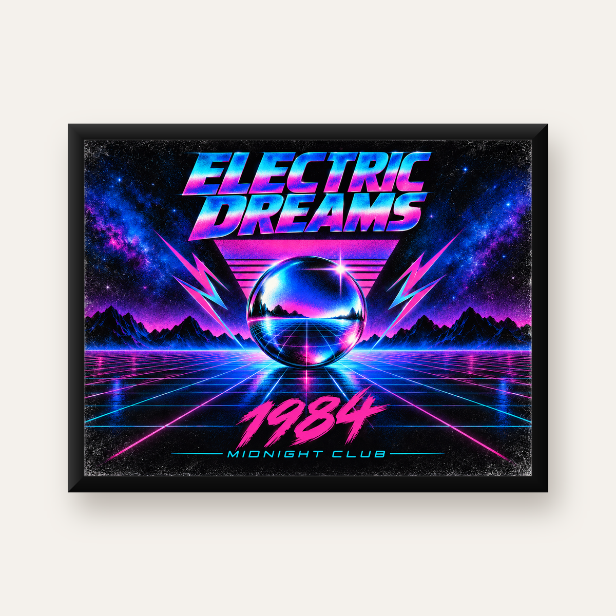 Retro Fütüristik Synthwave Afişi – Electric Dreams 1984 — Yatay baskı, düz siyah çerçeveli duvar posteri