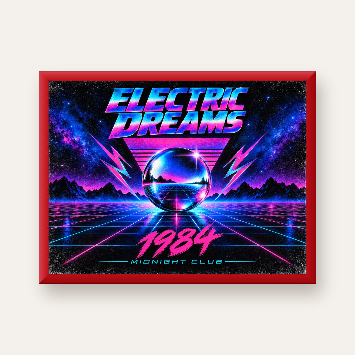 Retro Fütüristik Synthwave Afişi – Electric Dreams 1984 — kırmızı çerçeveli