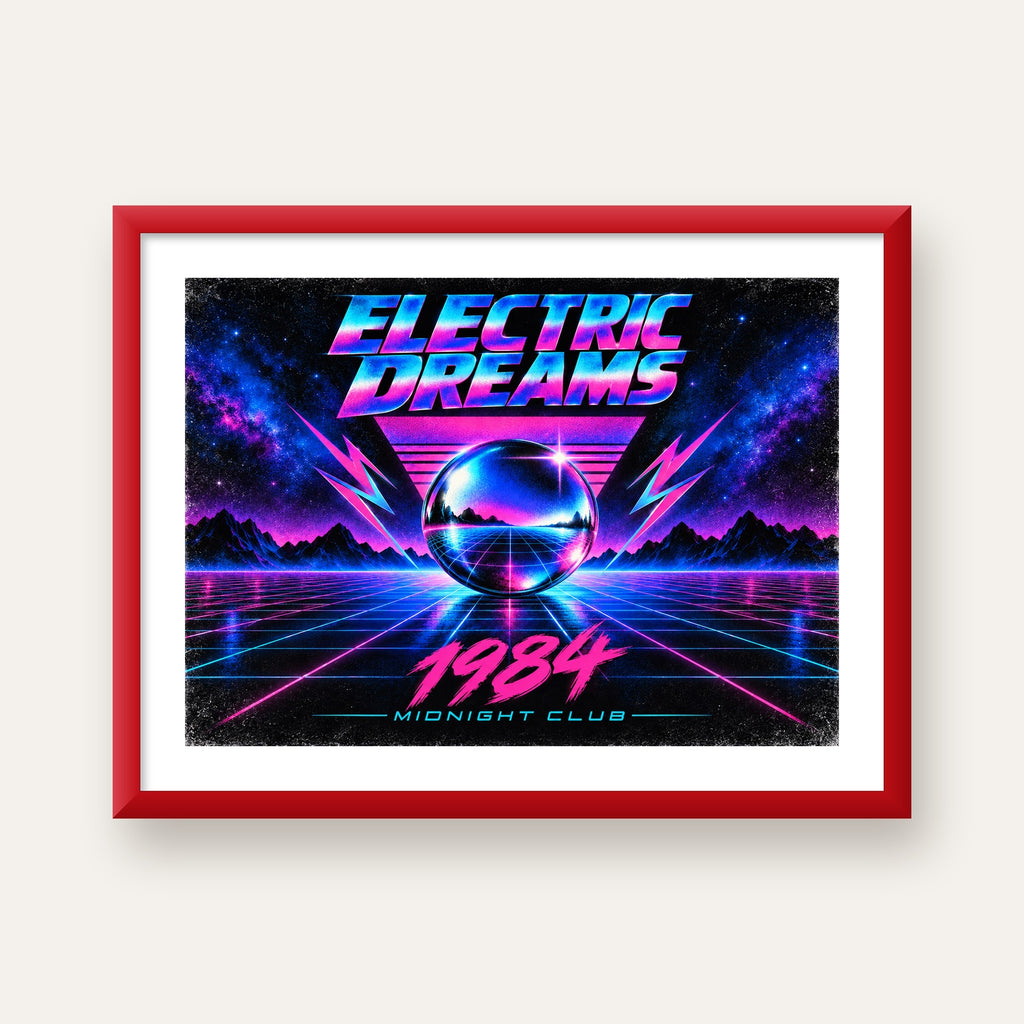 Retro Fütüristik Synthwave Afişi – Electric Dreams 1984 — kırmızı çerçeveli paspartulu