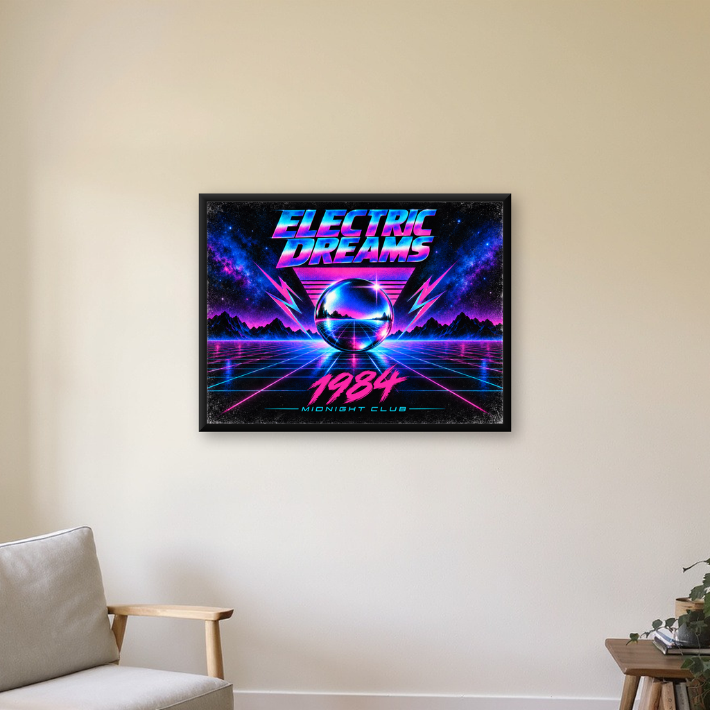 Retro Fütüristik Synthwave Afişi – Electric Dreams 1984 — Yatay baskı, çerçeveli hâliyle bir ev duvarında