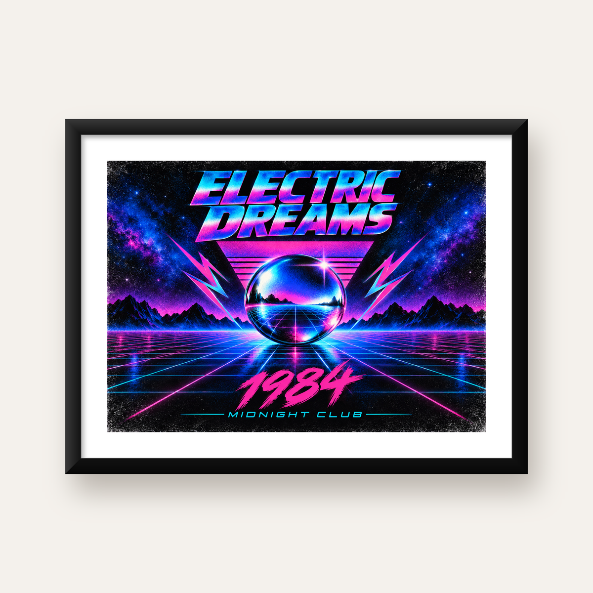 Retro Fütüristik Synthwave Afişi – Electric Dreams 1984 — Yatay baskı, beyaz paspartulu