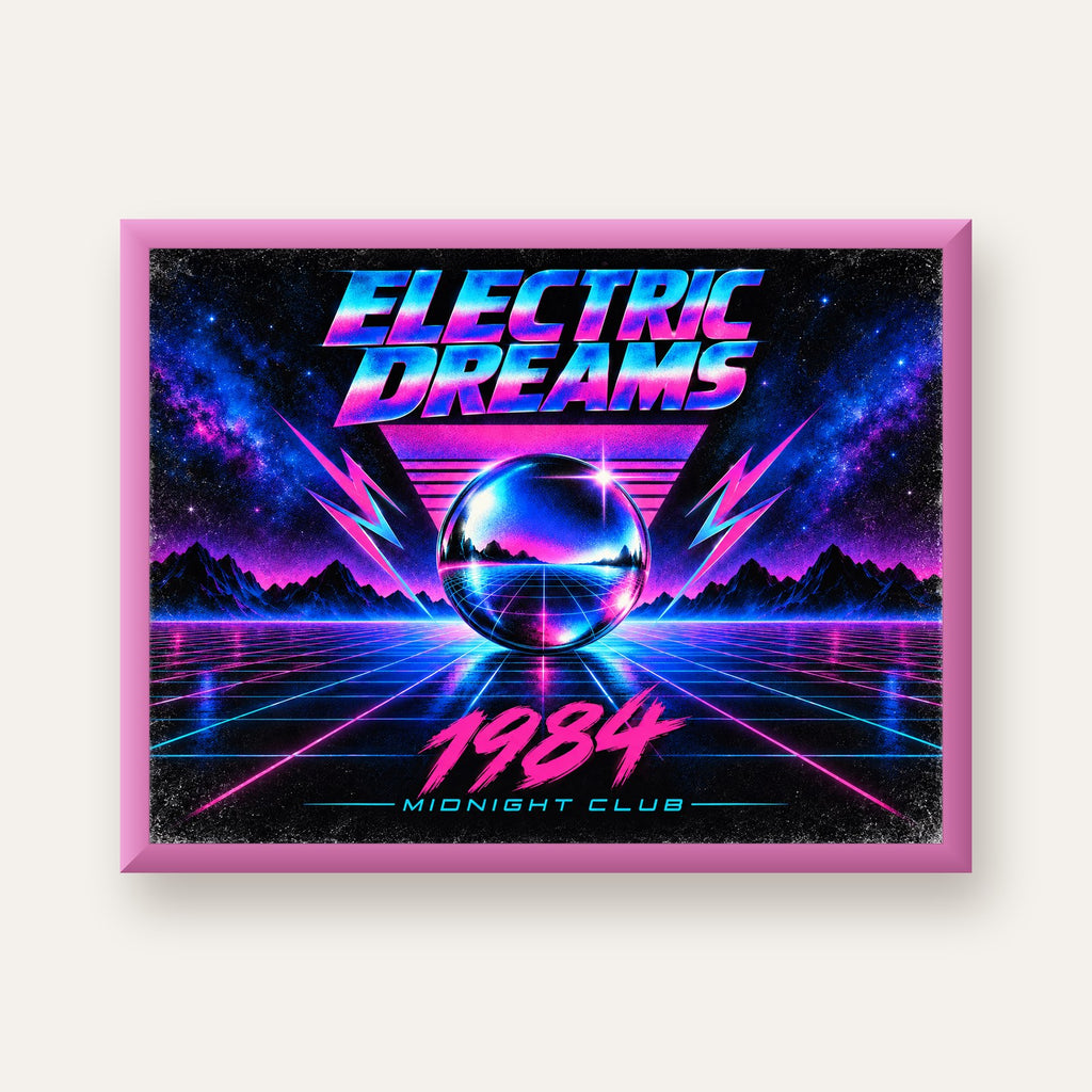 Retro Fütüristik Synthwave Afişi – Electric Dreams 1984 — pembe çerçeveli