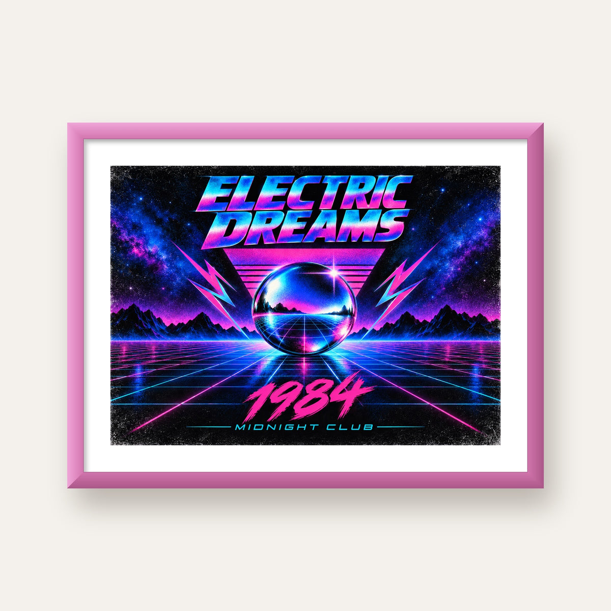 Retro Fütüristik Synthwave Afişi – Electric Dreams 1984 — pembe çerçeveli paspartulu