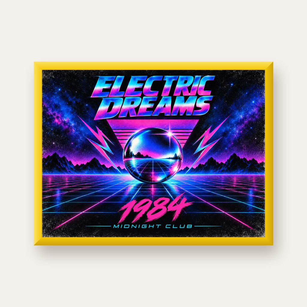 Retro Fütüristik Synthwave Afişi – Electric Dreams 1984 — sarı çerçeveli