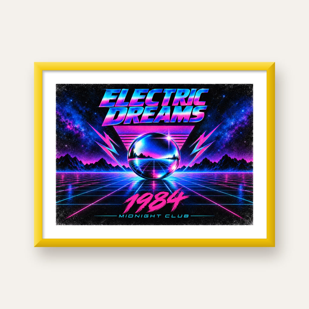 Retro Fütüristik Synthwave Afişi – Electric Dreams 1984 — sarı çerçeveli paspartulu