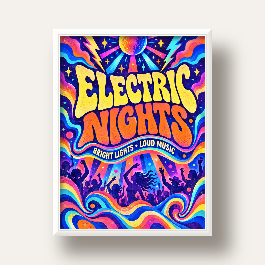 Electric Nights Psikedelik Gece Partisi Poster Retro Tasarım — beyaz derin çerçeveli
