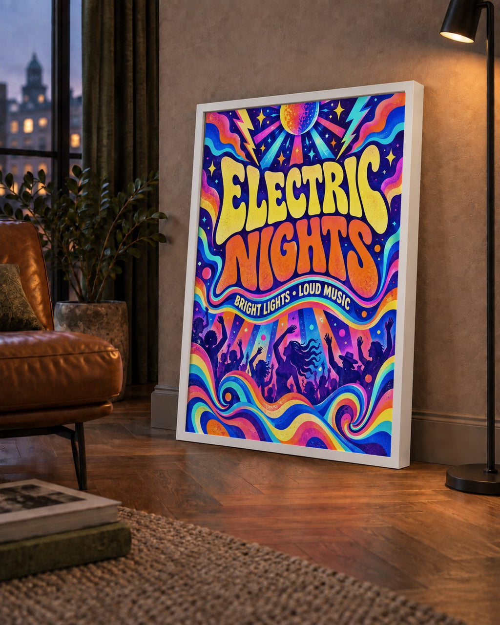 Electric Nights Psikedelik Gece Partisi Poster Retro Tasarım — çerçeveli hâliyle bir ev duvarında