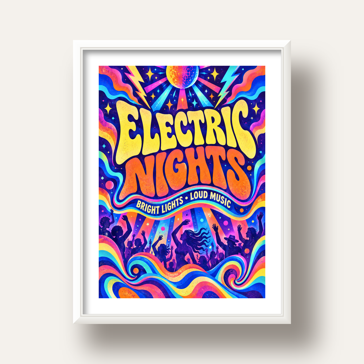 Electric Nights Psikedelik Gece Partisi Poster Retro Tasarım — beyaz derin çerçeveli paspartulu