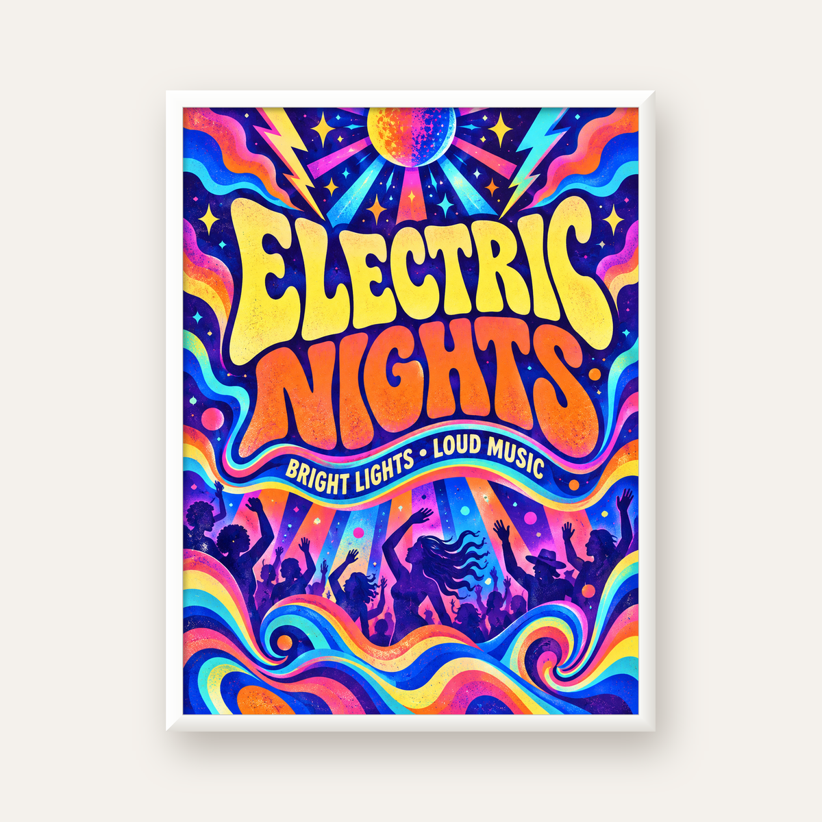 Electric Nights Psikedelik Gece Partisi Poster Retro Tasarım — beyaz çerçeveli dikey poster