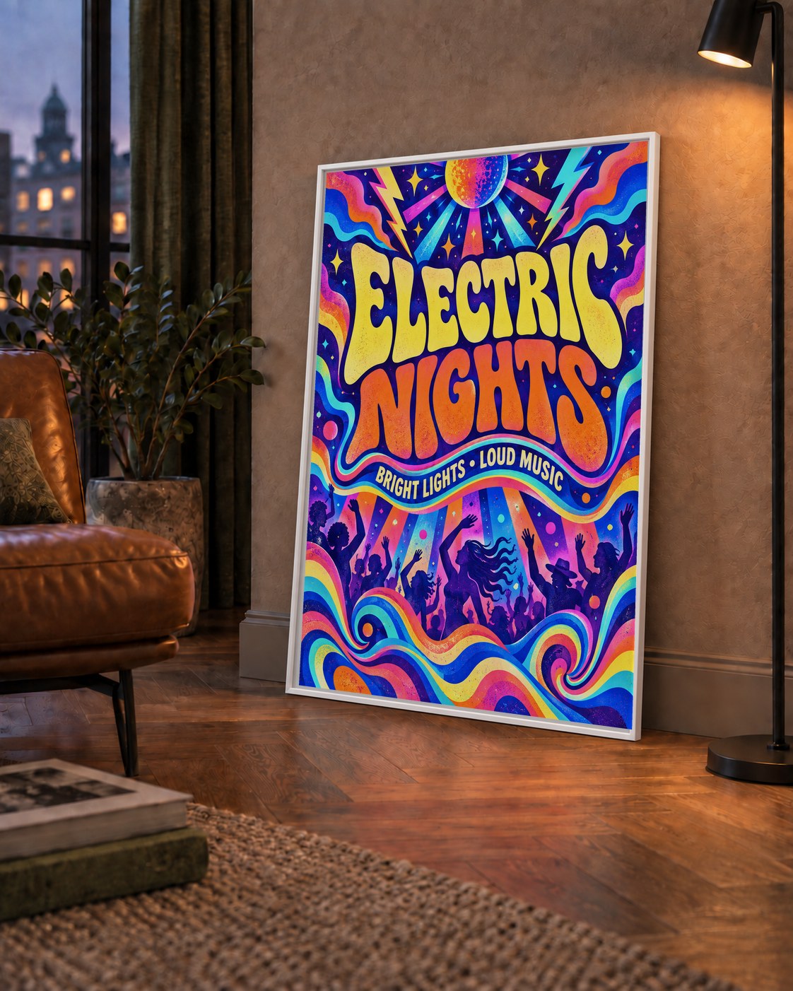 Electric Nights Psikedelik Gece Partisi Poster Retro Tasarım — çerçeveli hâliyle bir ev duvarında