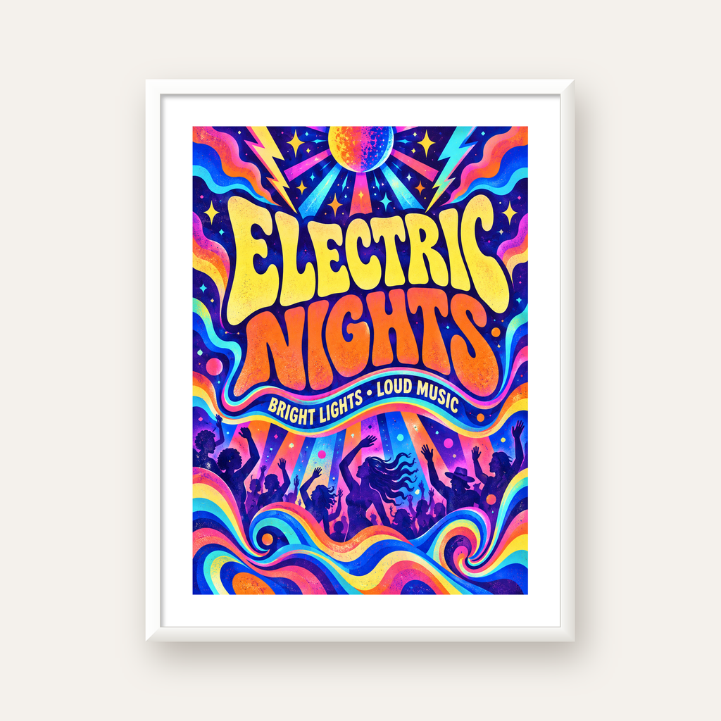 Electric Nights Psikedelik Gece Partisi Poster Retro Tasarım — beyaz çerçeveli dikey poster