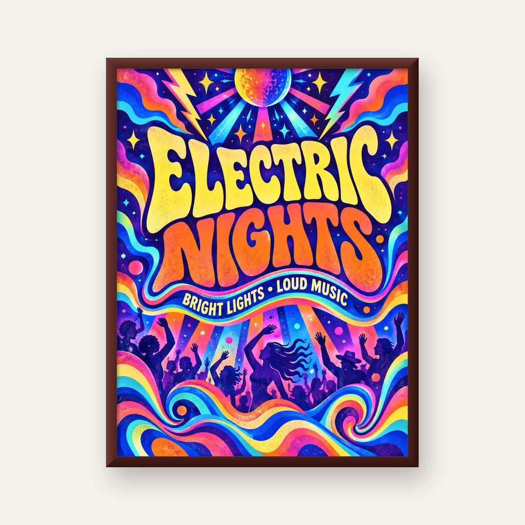 Electric Nights Psikedelik Gece Partisi Poster Retro Tasarım — ceviz çerçeveli