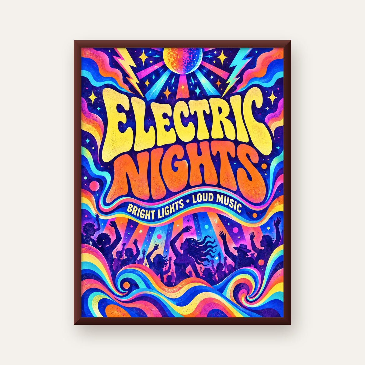Electric Nights Psikedelik Gece Partisi Poster Retro Tasarım — ceviz çerçeveli