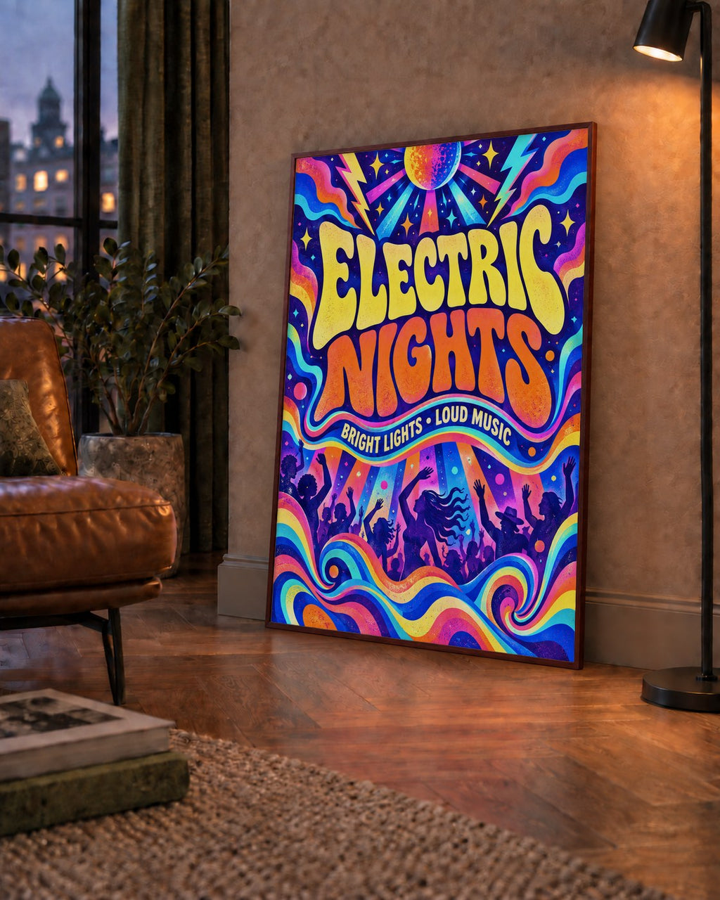 Electric Nights Psikedelik Gece Partisi Poster Retro Tasarım — çerçeveli hâliyle bir ev duvarında