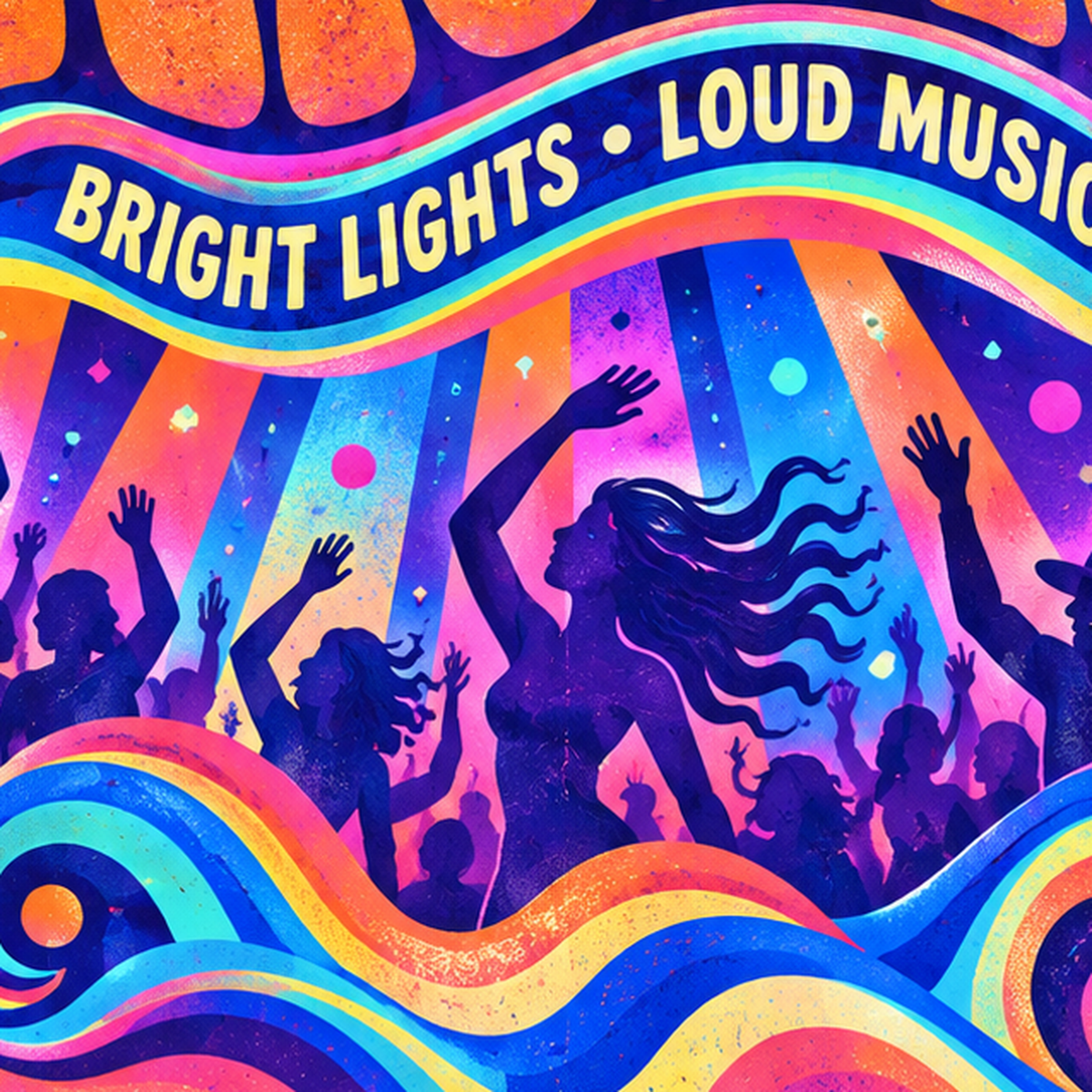 Electric Nights Psikedelik Gece Partisi Poster Retro Tasarım — baskının yakın çekimi, kâğıt dokusu ve renk detayı