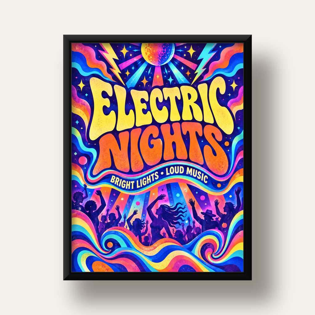 Electric Nights Psikedelik Gece Partisi Poster Retro Tasarım — siyah derin çerçeveli
