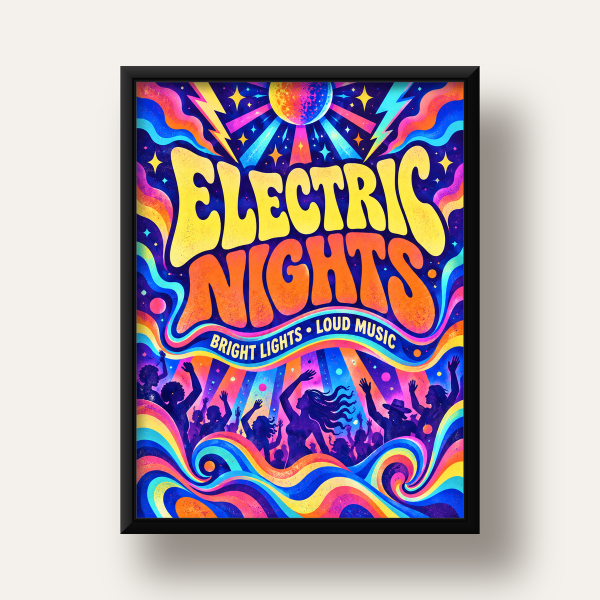 Electric Nights Psikedelik Gece Partisi Poster Retro Tasarım — siyah derin çerçeveli