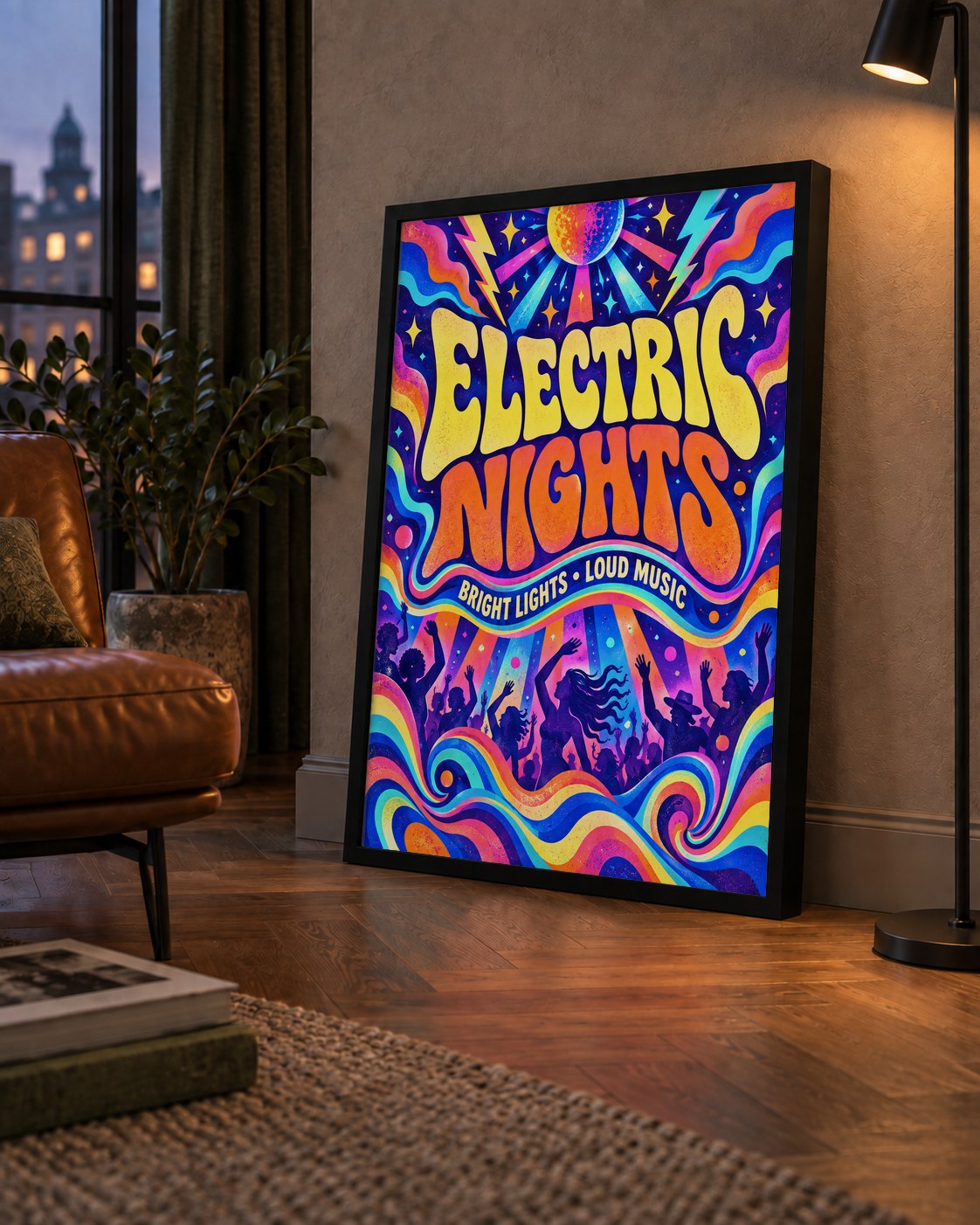Electric Nights Psikedelik Gece Partisi Poster Retro Tasarım — çerçeveli hâliyle bir ev duvarında