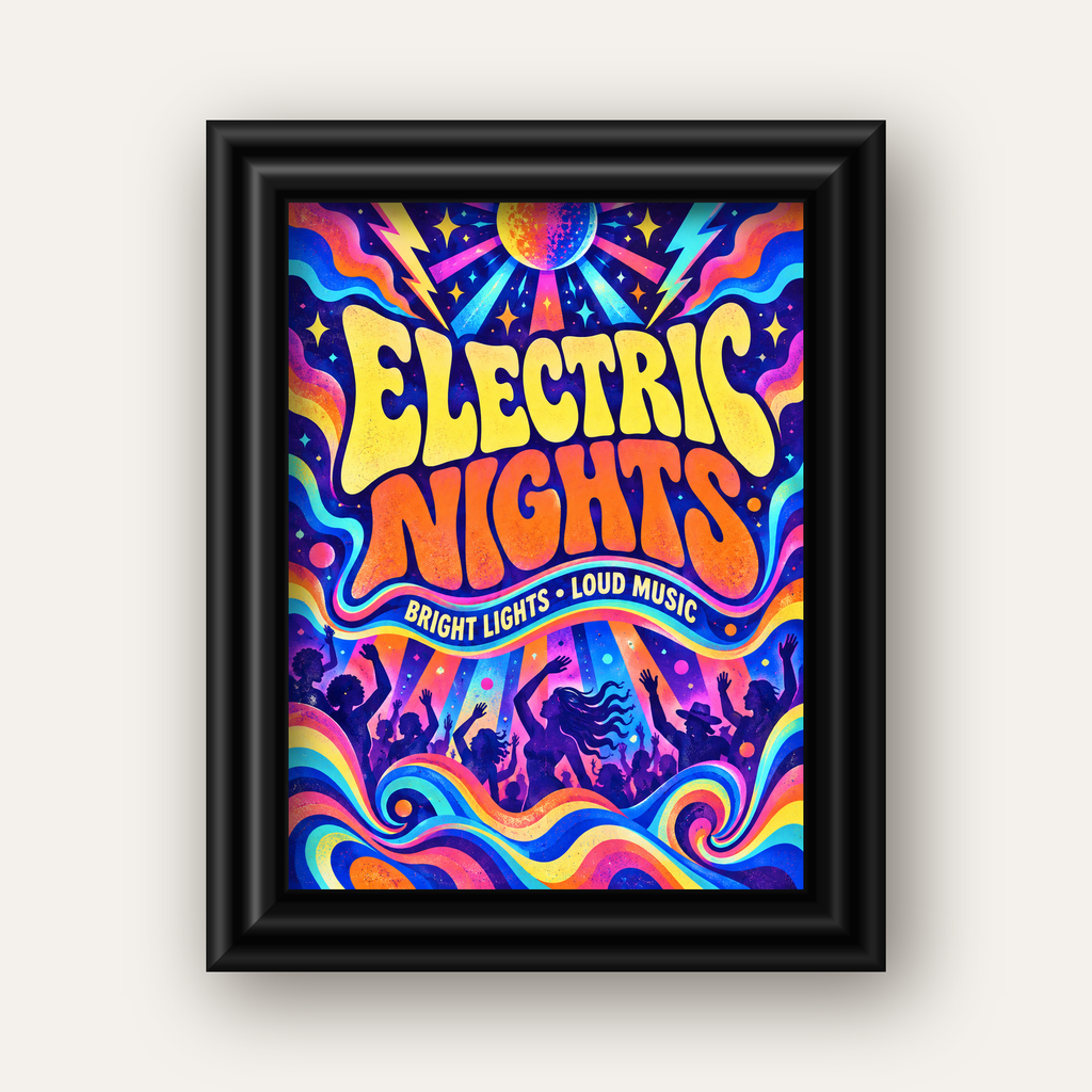Electric Nights Psikedelik Gece Partisi Poster Retro Tasarım — siyah galeri çerçeveli