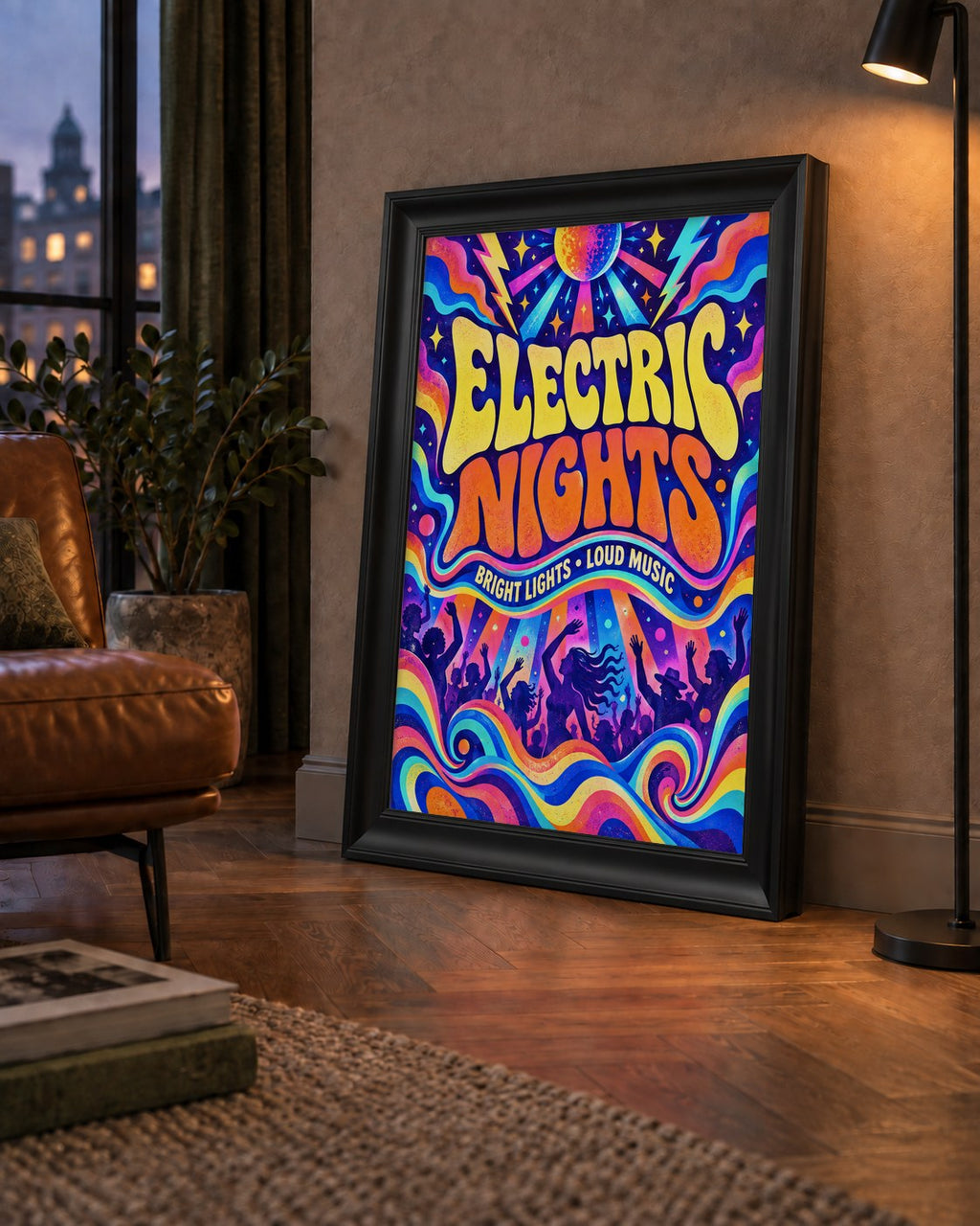 Electric Nights Psikedelik Gece Partisi Poster Retro Tasarım — çerçeveli hâliyle bir ev duvarında