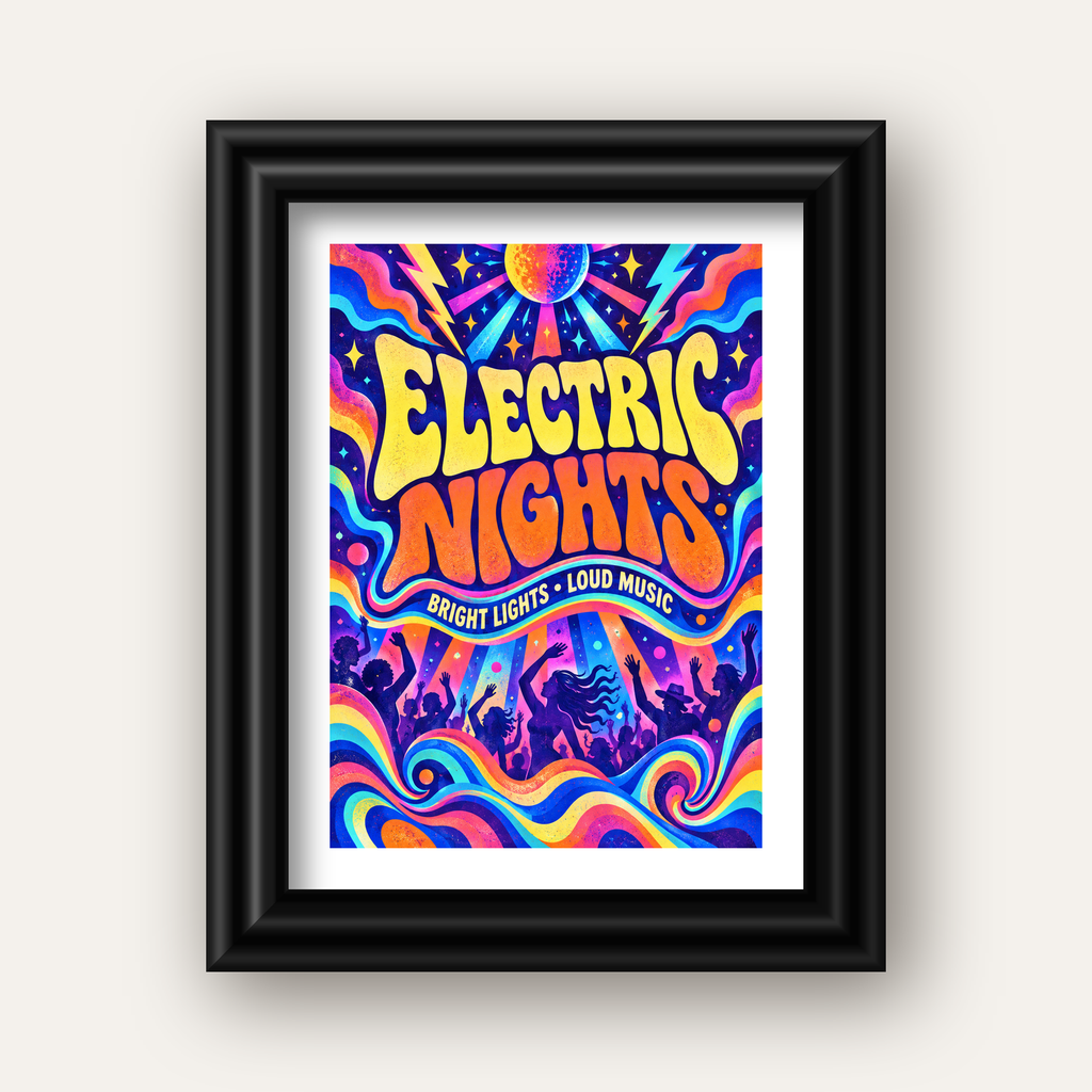 Electric Nights Psikedelik Gece Partisi Poster Retro Tasarım — siyah galeri çerçeveli paspartulu