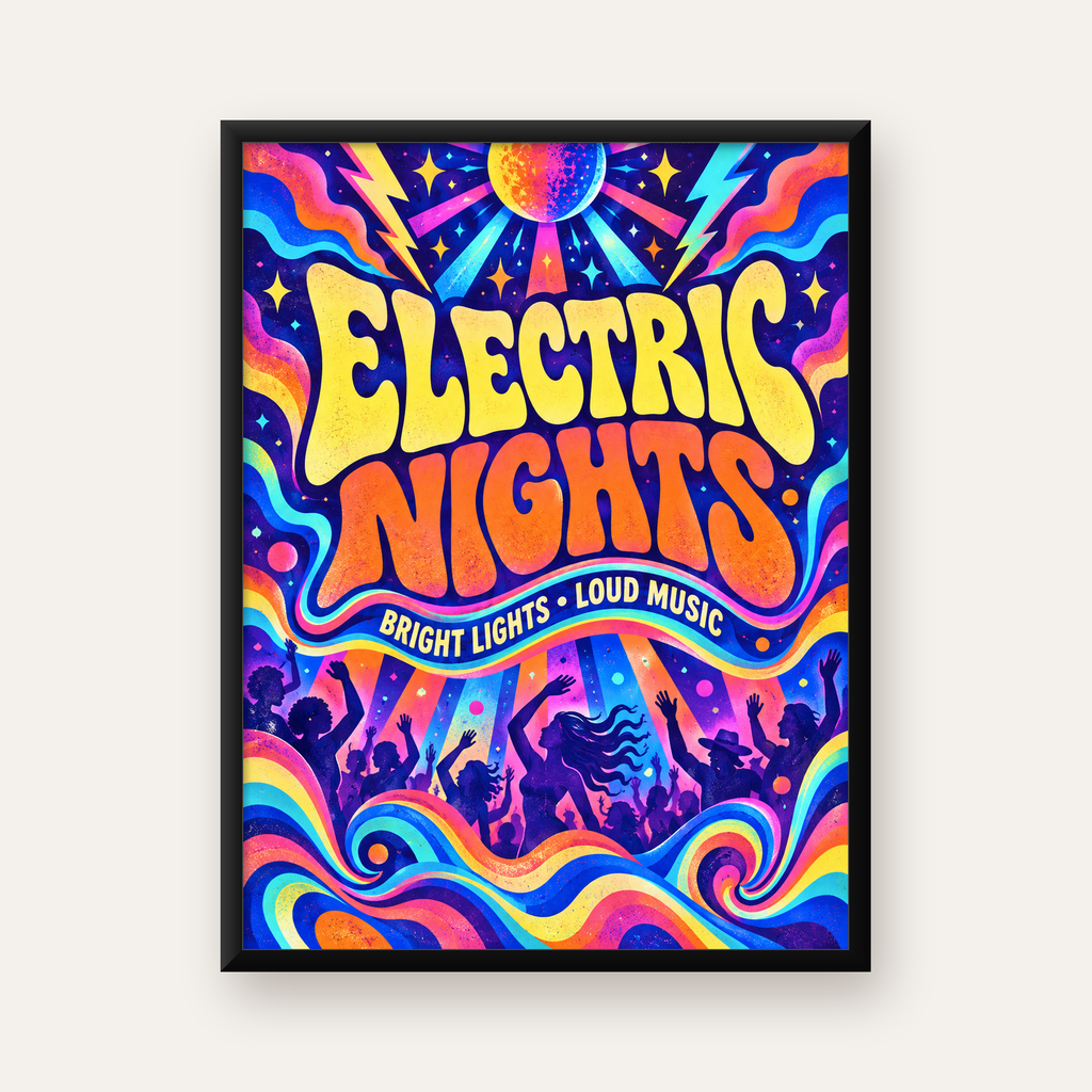 Electric Nights Psikedelik Gece Partisi Poster Retro Tasarım — Dikey baskı, düz siyah çerçeveli duvar posteri