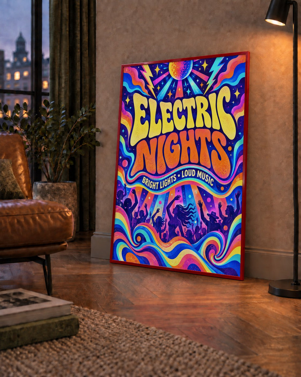 Electric Nights Psikedelik Gece Partisi Poster Retro Tasarım — çerçeveli hâliyle bir ev duvarında